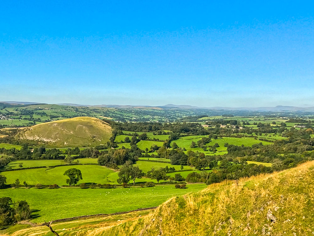 Looking back towards Worsaw Hill, the Ribble Valley, Ingleborough and Pen-y-ghent