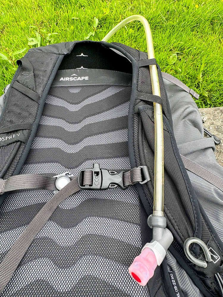 Hydration tube passing through loops on shoulder straps of a backpack