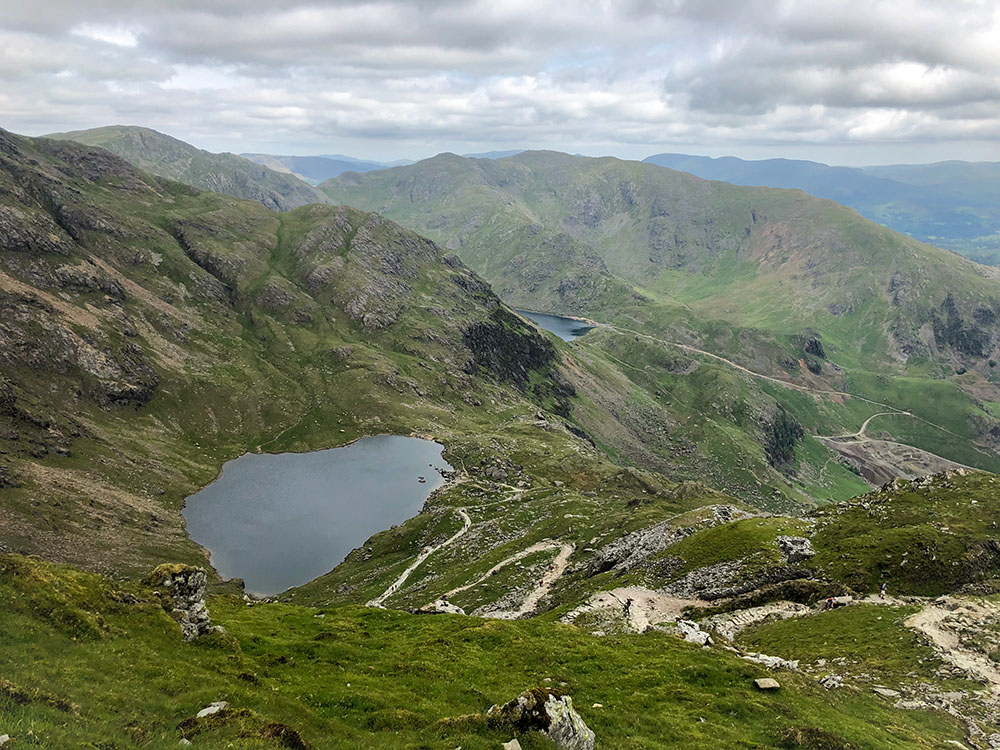 Looking back down towards Low Tarn on the climb up to Coniston Old Man in the Lake District