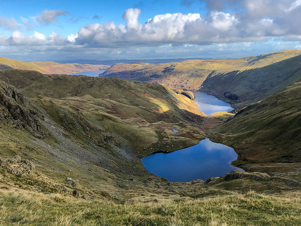 Looking down towards Small Water and Haweswater Reservoir beyond from the Nan Bield Pass on the Kentmere Horseshoe walk