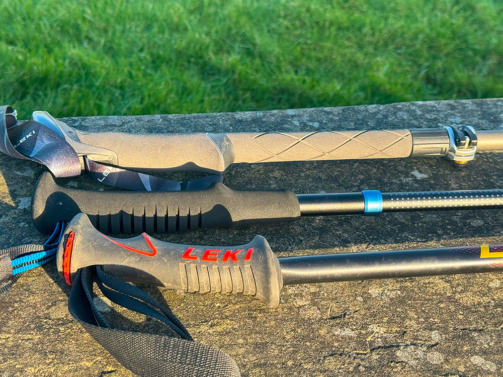 Three different grips of varying lengths on hiking poles