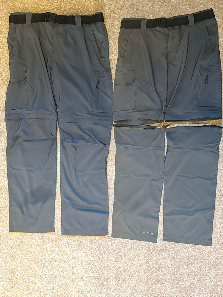 Convertible hiking trousers side by side with the same pair but separated into hiking shorts