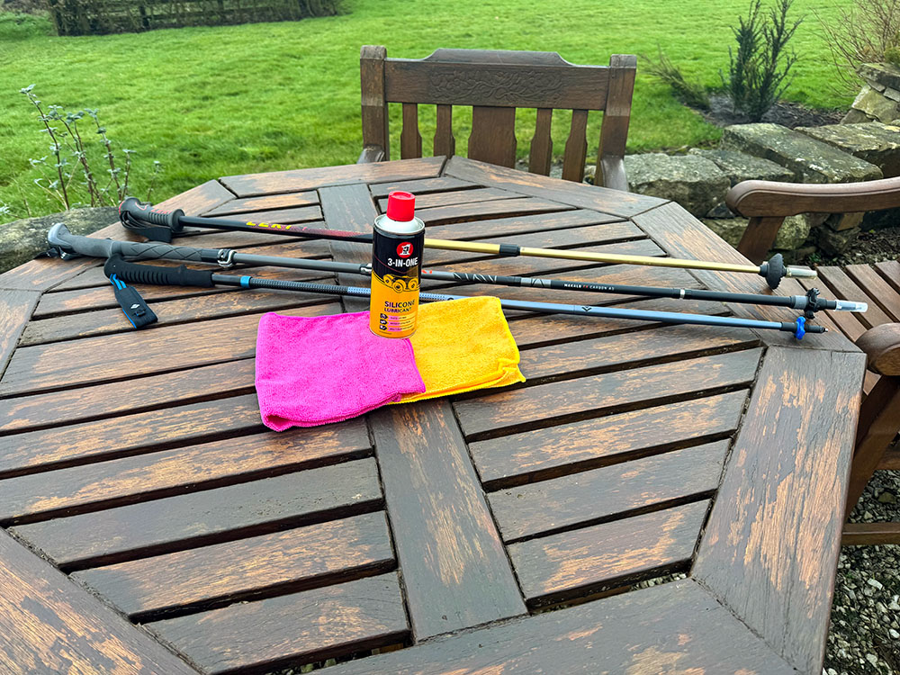 Hiking poles cloths and silicone spray