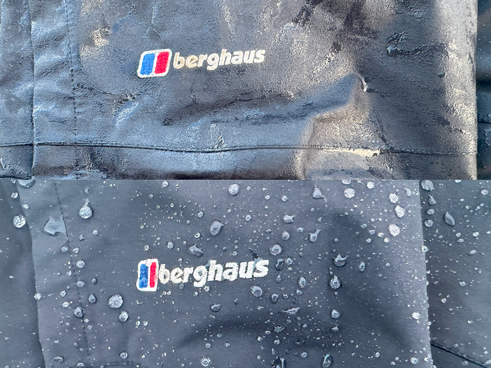 Waterproof trousers before and after washing and proofing