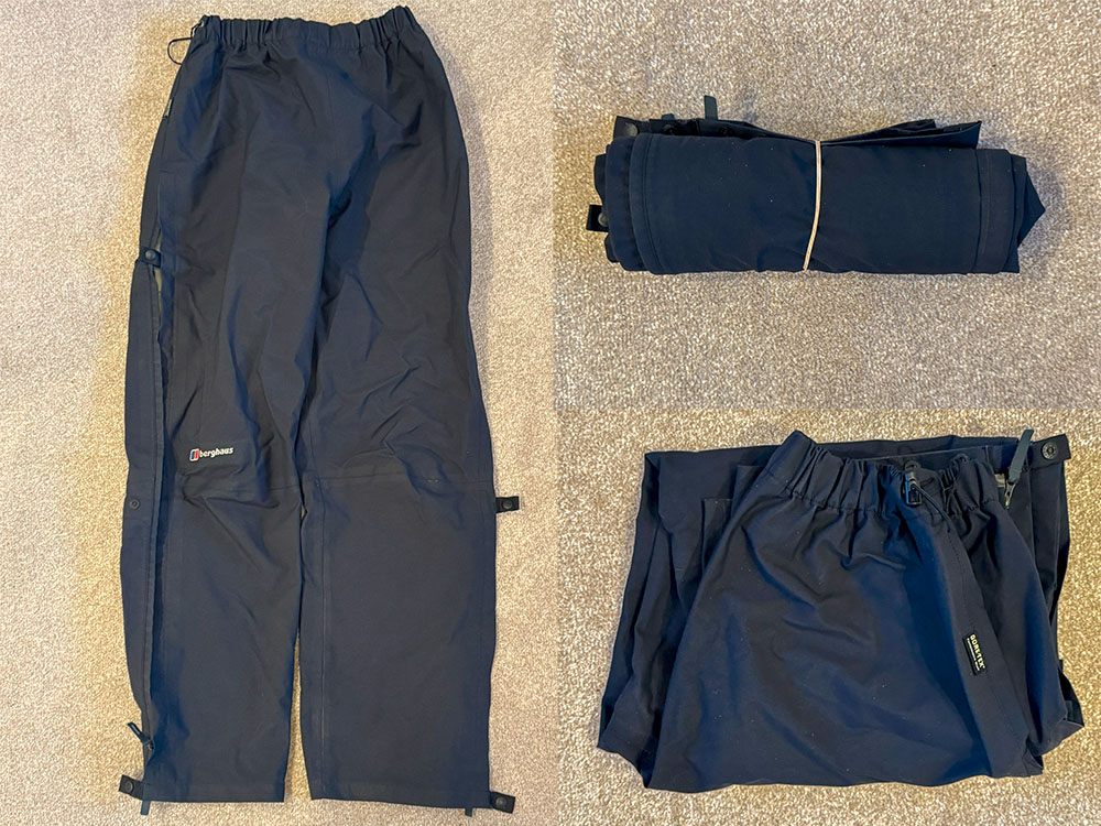 Waterproof trousers laid flat folded and rolled