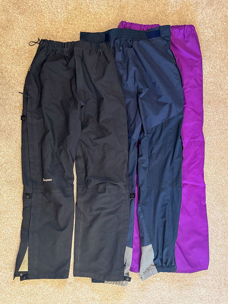 Several pairs of waterproof trousers