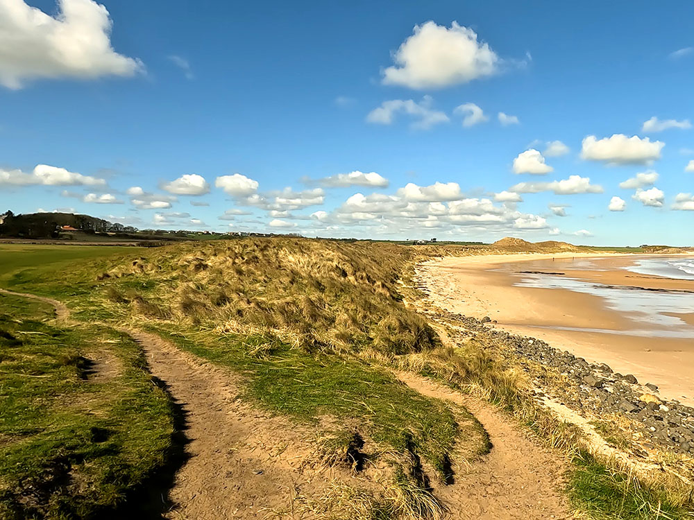Path junction, we head down onto the beach, left-hand path rejoins Northumberland Coast Path