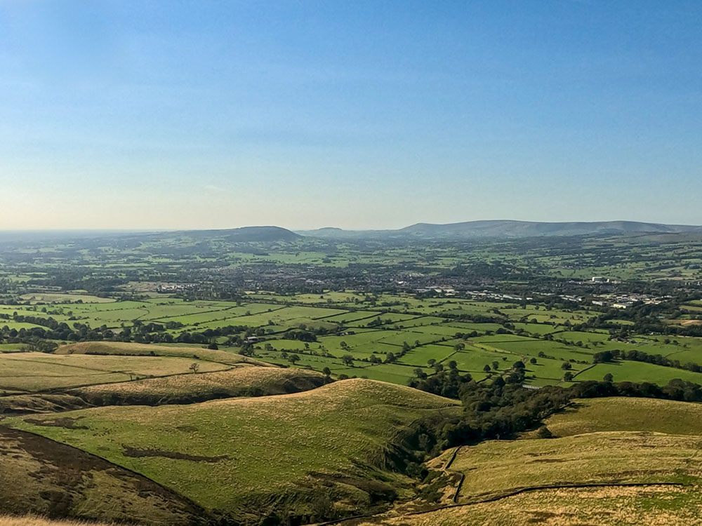 Looking back in the direction of Longridge Fell and Blackpool Tower (on a clear day!) from the Scout Cairn on Pendle Hill