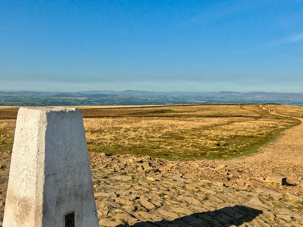 Looking back down the path walked up from the trig point on Pendle Hill out towards Ingleborough and Pen-y-ghent