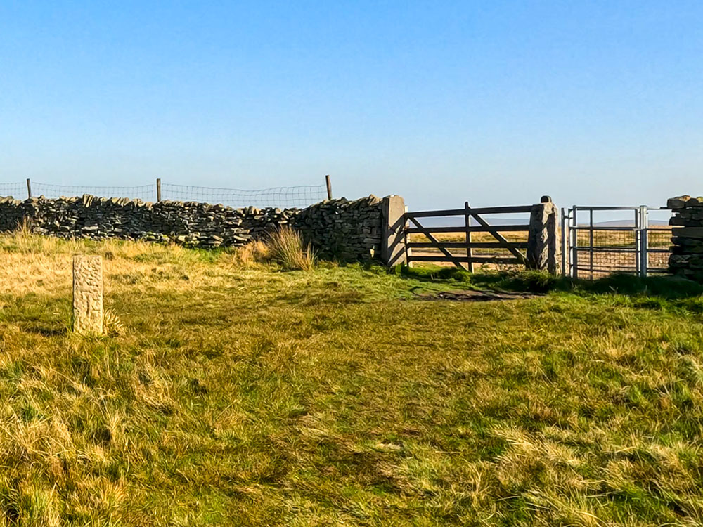 Upon reaching the wall, pass through the metal gate stile