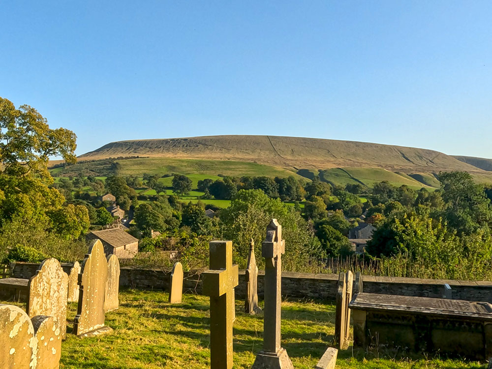 Looking across towards Pendle Hill from St Leonard's Church in Downham