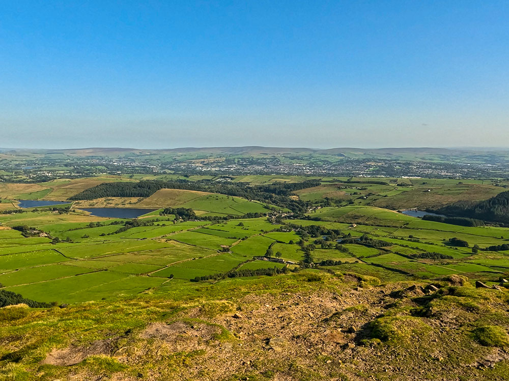 Looking down towards the Lower Black Moss Reservoirs, Barley and Lower Ogden Reservoir from the trig point on Pendle Hill