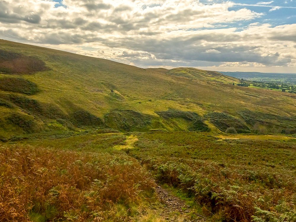 The path heads down through bracken towards Howcroft Brook in Ashendean Clough below