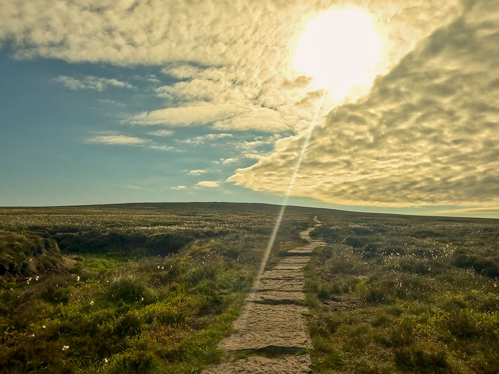 The paved footpath heading across Barley Moor on the way to the summit of Pendle Hill